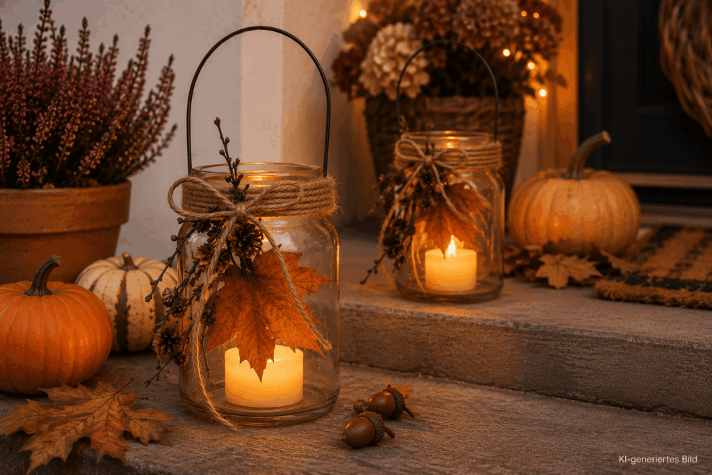 Windlichter herbstlich dekorieren