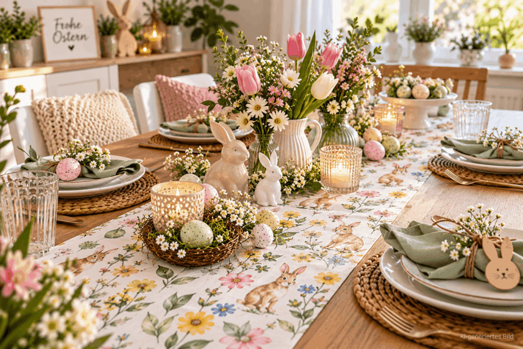 Gedeckter Tisch Ostern mit Geschenkpapier Tischläufer