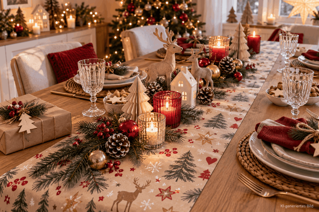 Gedeckter Tisch Weihnachten mit Geschenkpapier Tischläufer